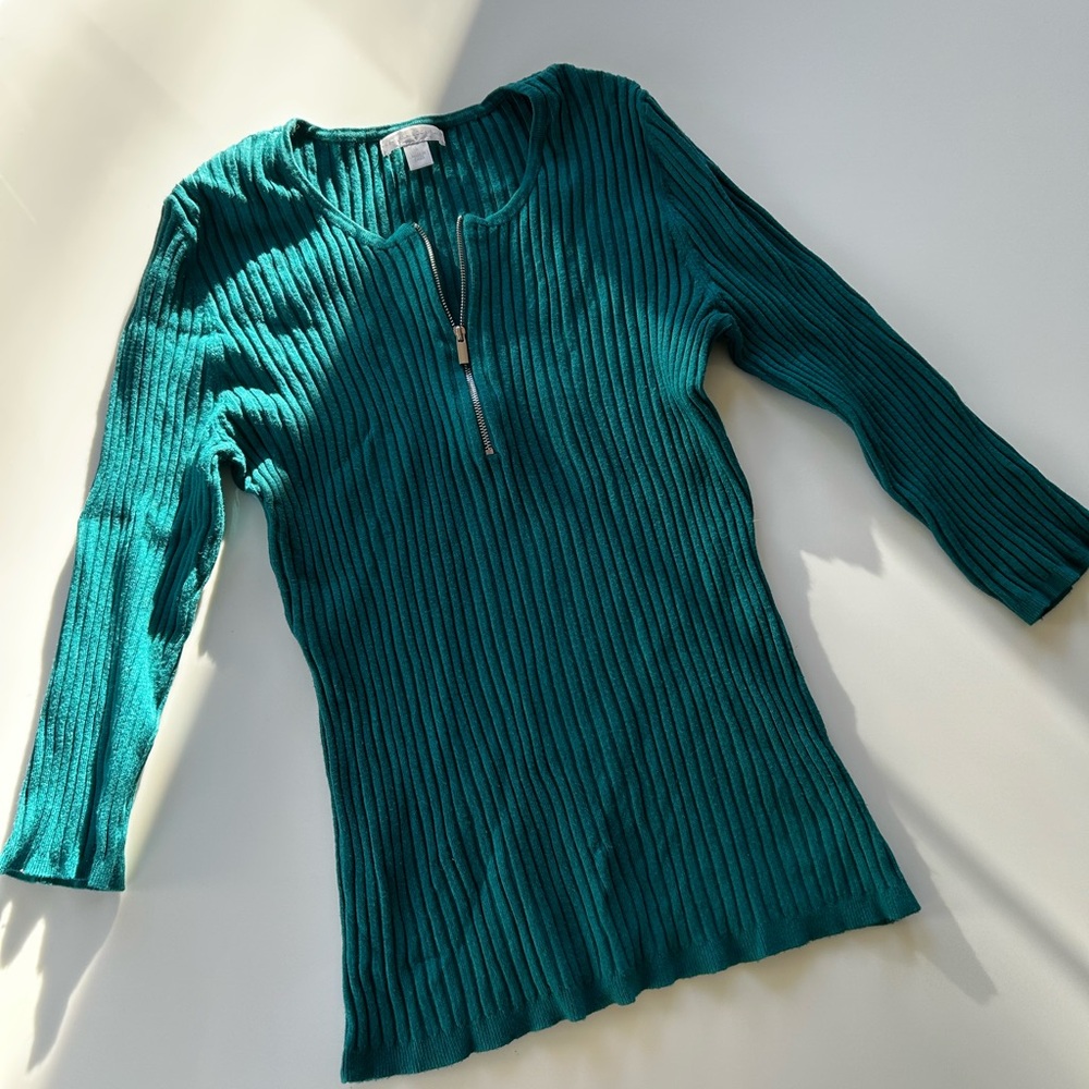 Turquoise ribbed, half zip sweater